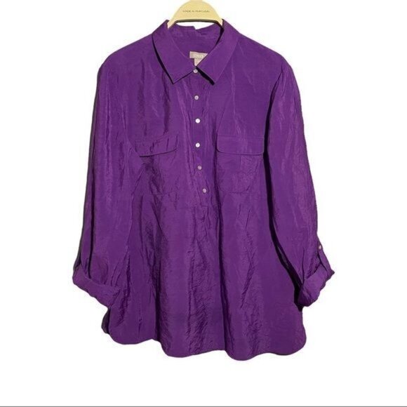 Chico Blouse Button Shirt Women Size 2 L/12 Solid Vibrant Purple Workwear Pocket - Picture 1 of 9